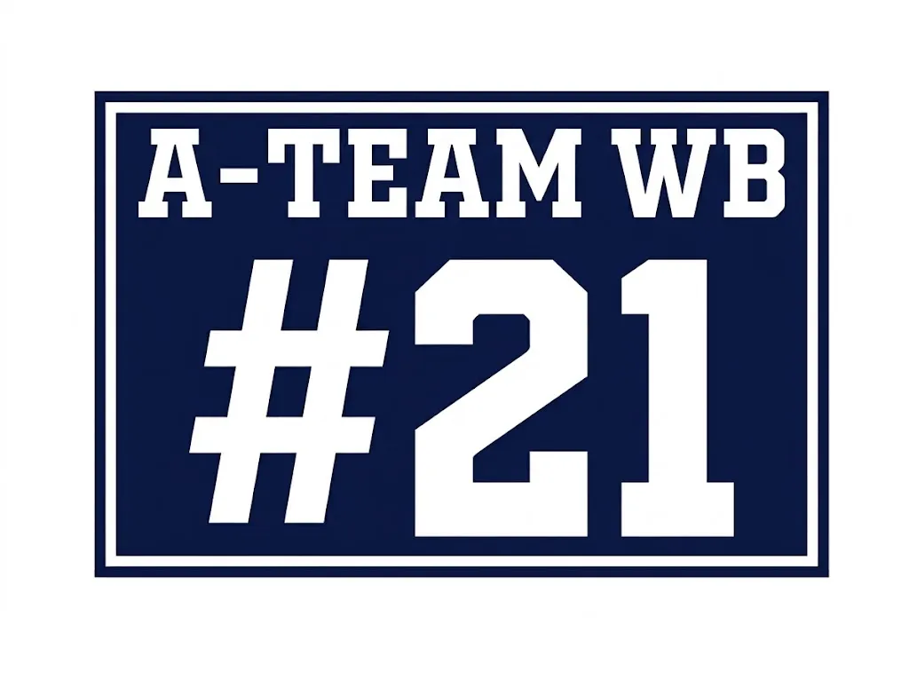 Navy and white sign that says A-Team WB #21.